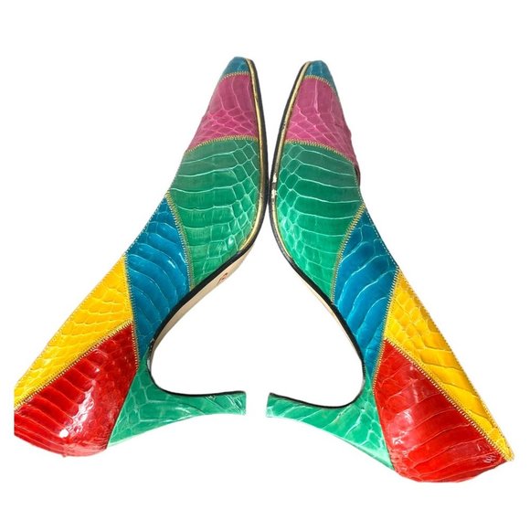 Vintage 80s Multicolor Snake Skin Pointed Toe Pumps 6 - Picture 4 of 11